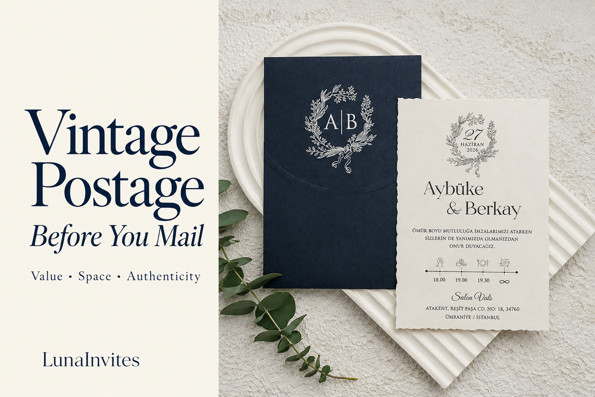 LunaInvites navy laurel-monogram envelope and ivory deckle-edge invitation beside Vintage Postage planning text; AI-assisted editorial layout.