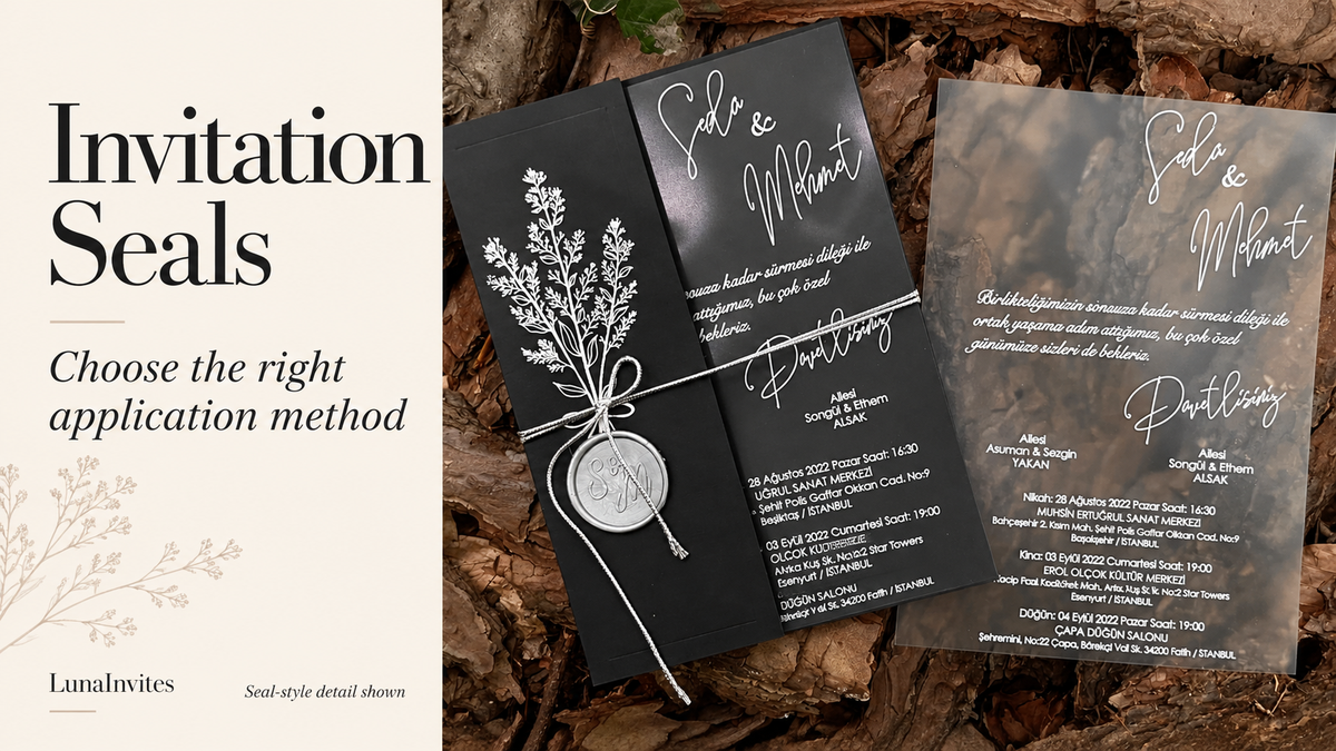 AI-assisted editorial layout of LunaInvites black botanical pocket invitation with silver cord, seal-style sticker, and translucent printed card.