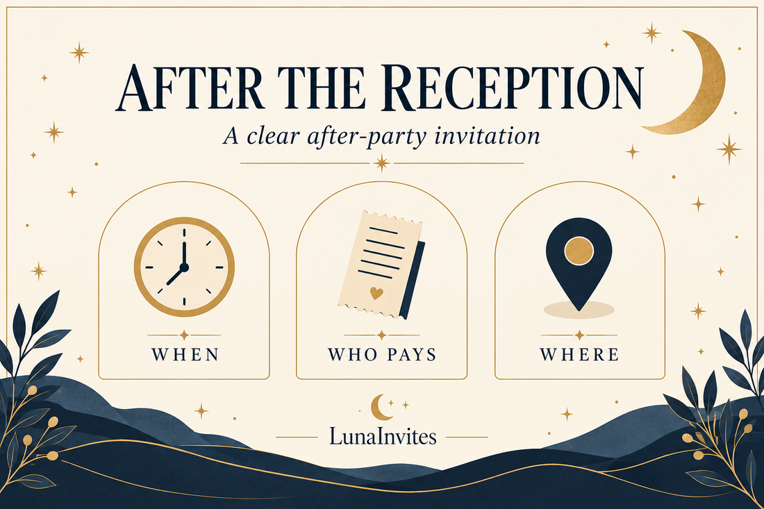 Illustrazione LunaInvites per organizzare il dopofesta con un orologio, uno scontrino e un segnaposto sulla mappa, etichettati «Quando», «Chi paga» e «Dove».