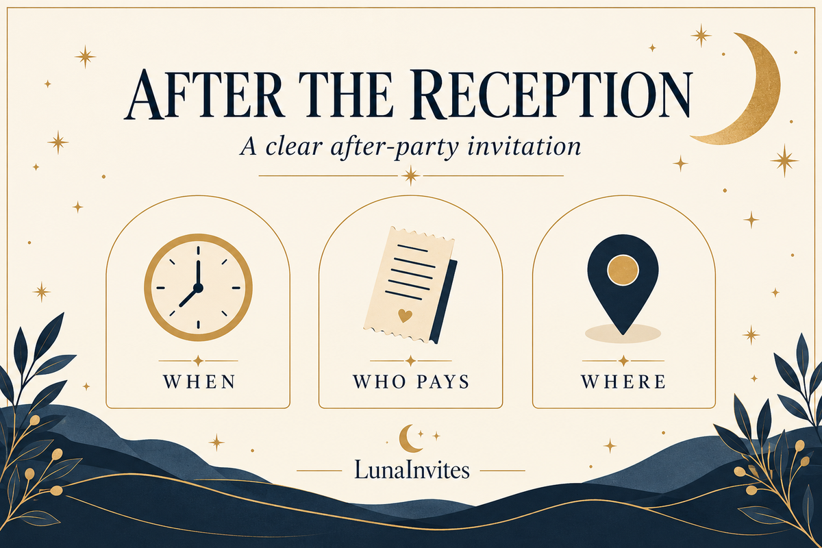LunaInvites after-party planning illustration with a clock, receipt, and map pin labeled When, Who Pays, and Where.