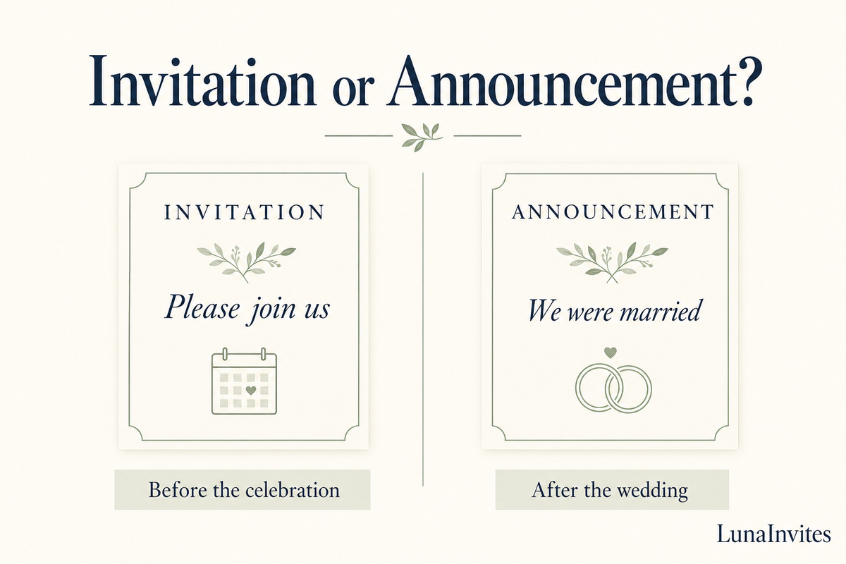 LunaInvites comparison showing an invitation saying Please join us before a celebration and an announcement saying We were married after the wedding.