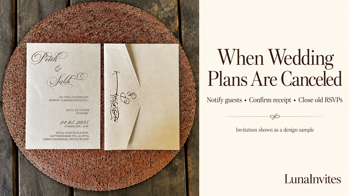 LunaInvites cream paper invitation and matching envelope shown as a design sample beside wedding cancellation communication steps; AI-assisted editorial layout using the store’s own photograph.