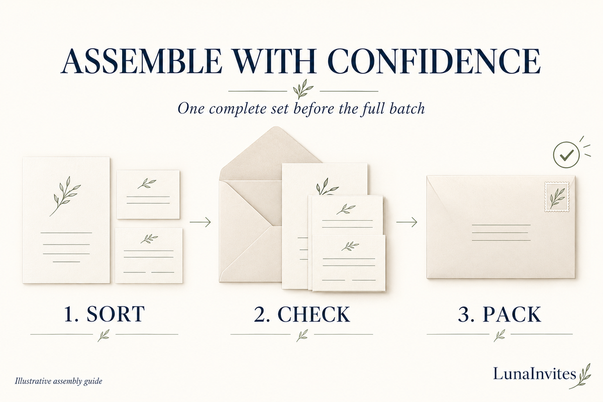 LunaInvites illustrative wedding invitation assembly guide showing three stages: sort cards, check a complete set, and pack the envelope.