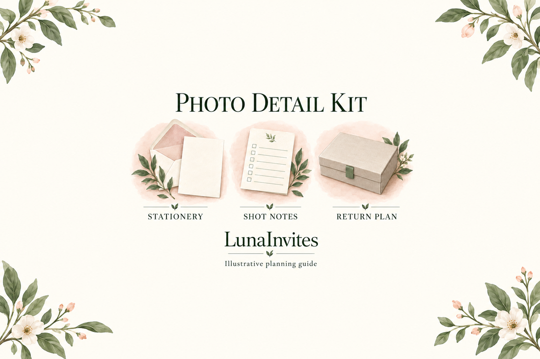 Kit illustrato LunaInvites per fotografare i dettagli delle partecipazioni, con cartoleria, appunti per gli scatti e un piano di restituzione.