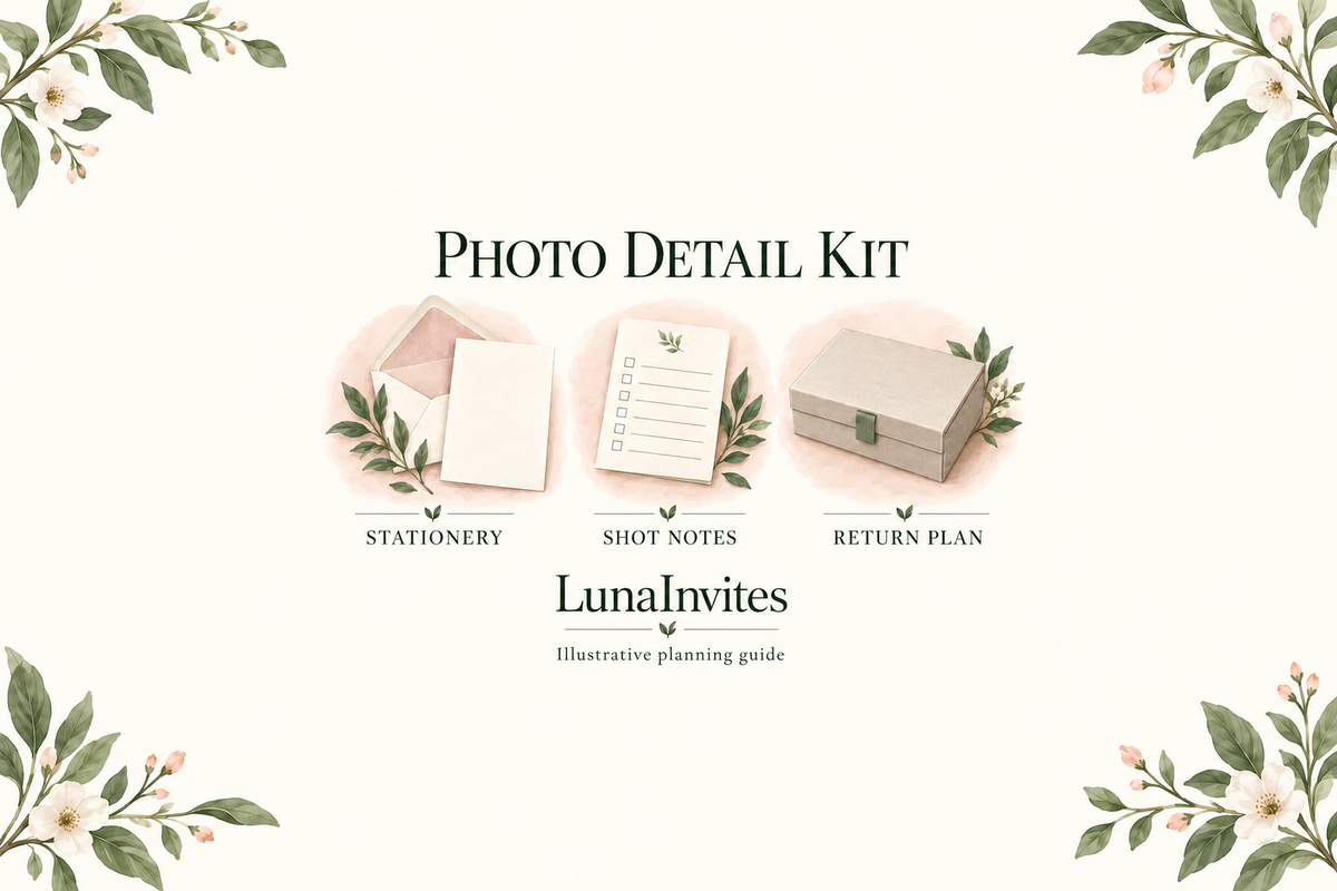 LunaInvites illustrative photo detail kit showing stationery, shot notes, and a return plan for wedding invitation photography.