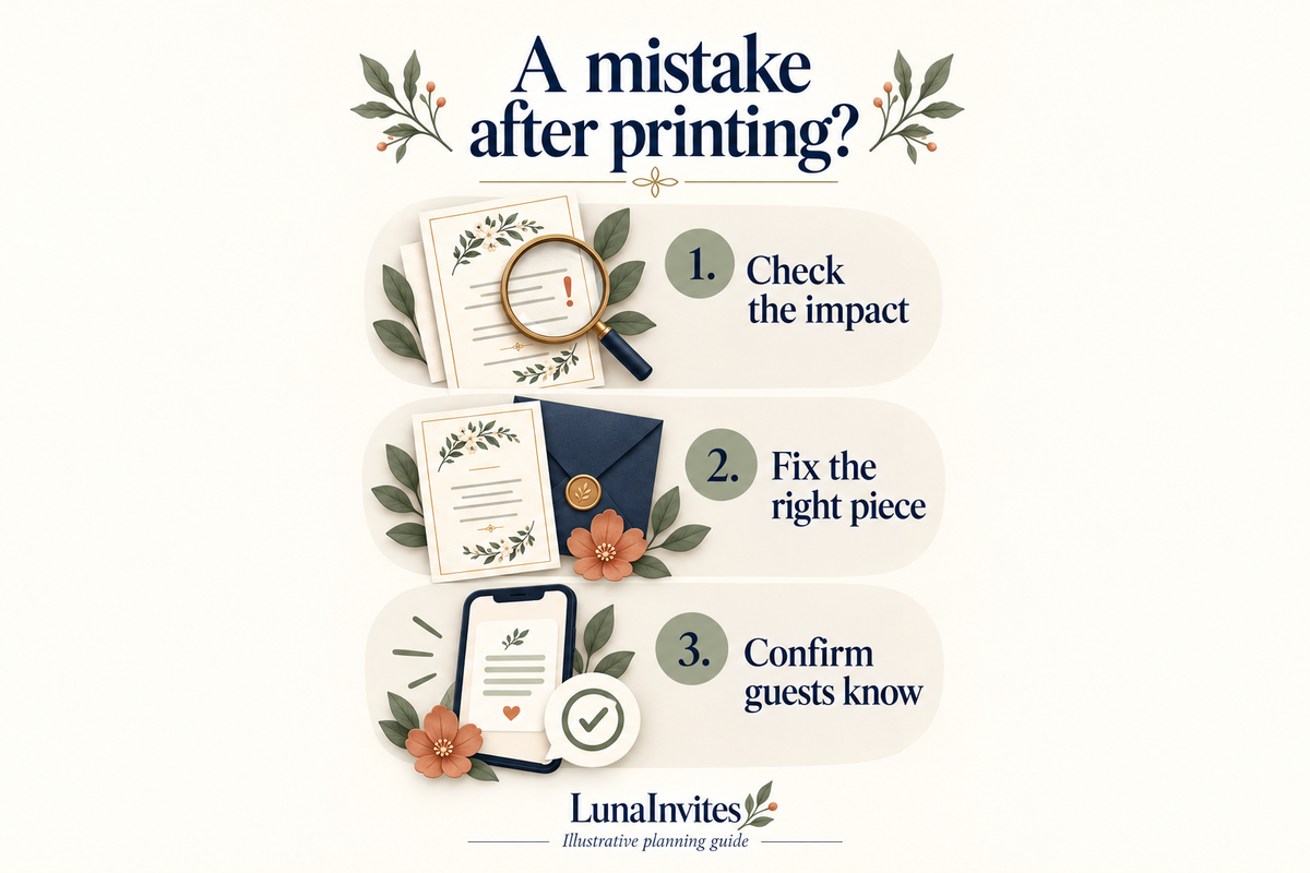 LunaInvites illustrative guide to wedding invitation mistakes: check the impact, fix the right piece, and confirm guests know the correction.