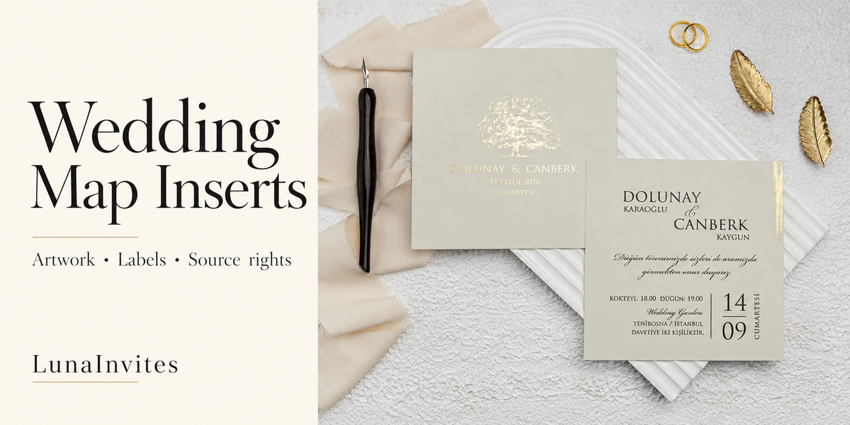 LunaInvites beige paper invitation and gold tree envelope beside Wedding Map Inserts text; AI-assisted editorial layout, no map insert included.