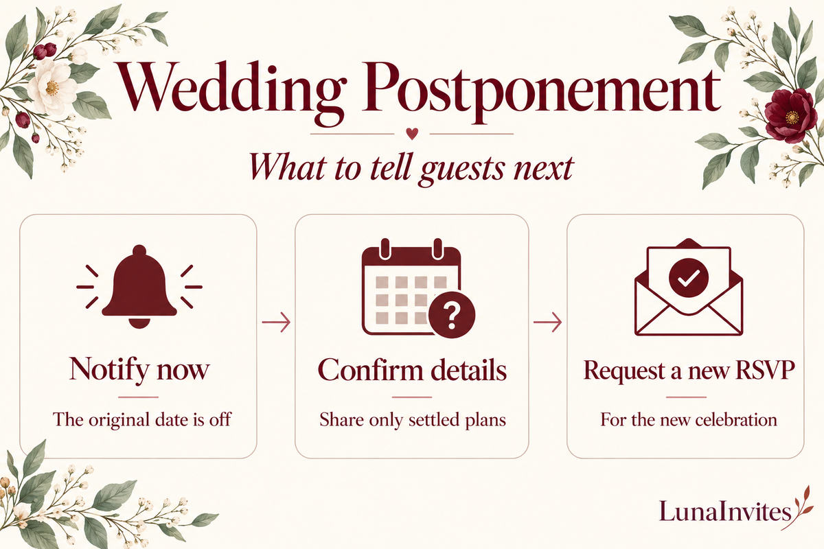 LunaInvites three-step wedding postponement guide: notify guests now, confirm settled details, and request a new RSVP for the new celebration.