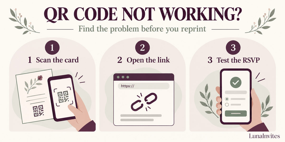LunaInvites illustrated troubleshooting steps: scan the printed card, open its link, and test the RSVP form.