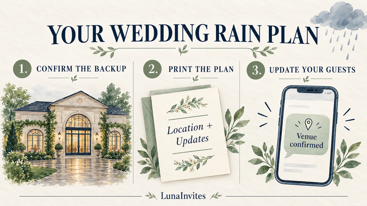 LunaInvites educational illustration of three rain-plan steps: confirm a backup venue, print location and update instructions, and notify guests.