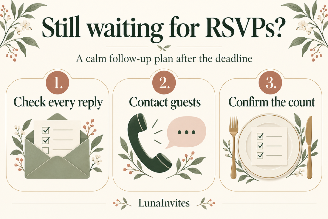 Piano illustrato LunaInvites per i solleciti RSVP: controllare ogni risposta, contattare gli ospiti e confermare il numero delle presenze.