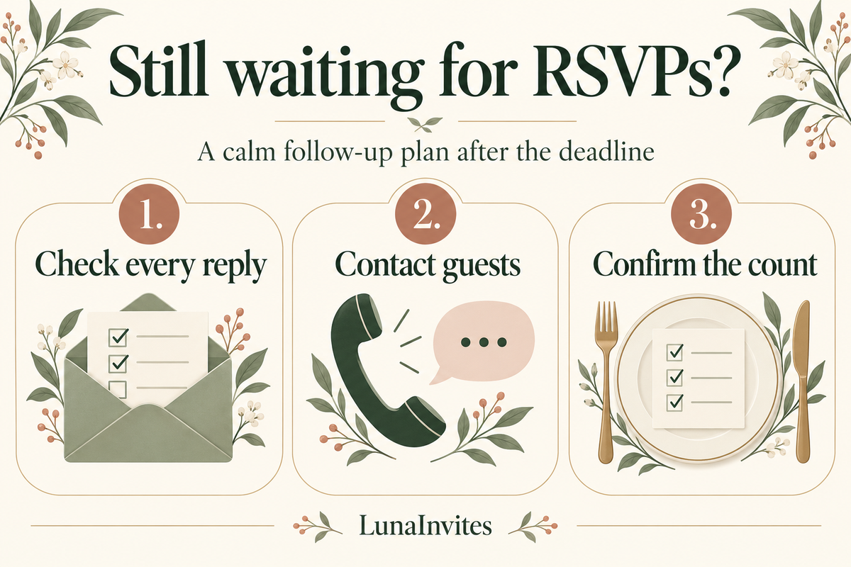 LunaInvites illustrated RSVP follow-up plan: check every reply, contact guests, and confirm the count.