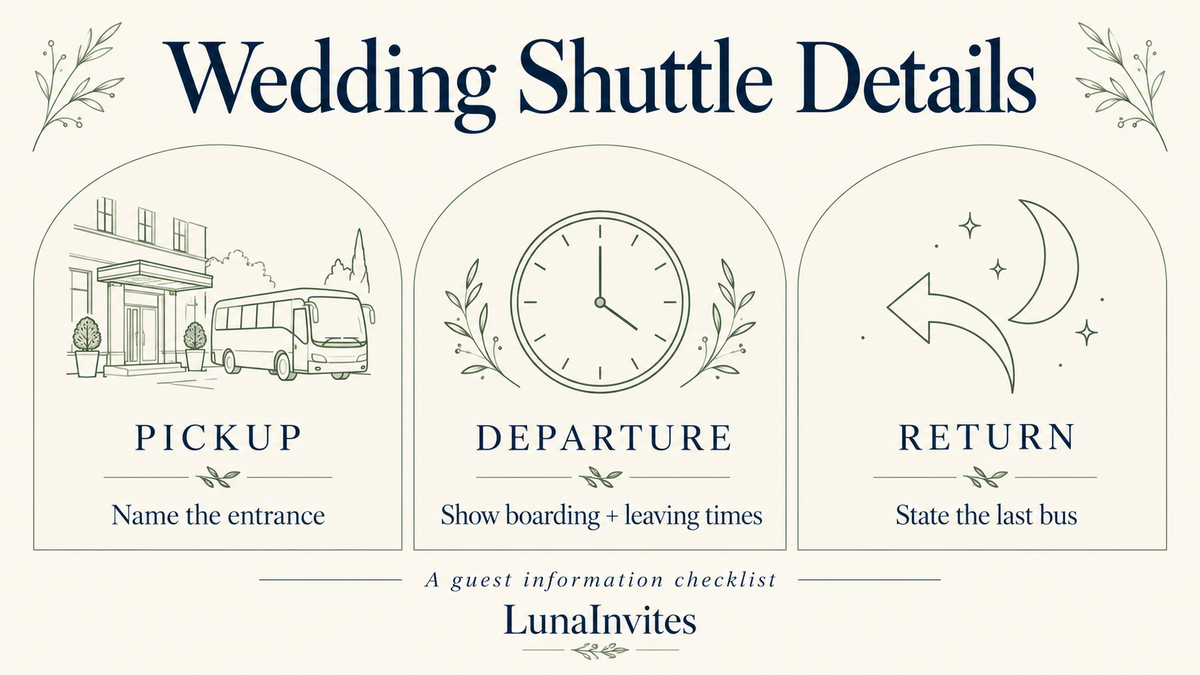 LunaInvites shuttle information checklist: name the pickup entrance, show boarding and departure times, and state the last return bus.