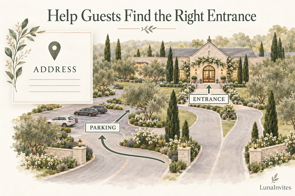 LunaInvites conceptual venue illustration separating the invitation address, parking area, and guest entrance.