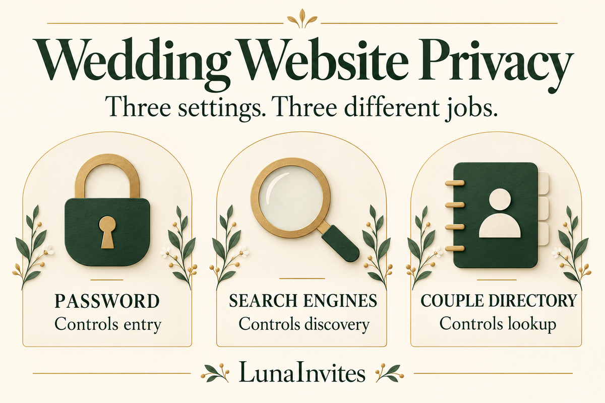 LunaInvites educational illustration comparing wedding website password entry, search-engine discovery, and couple-directory lookup settings.