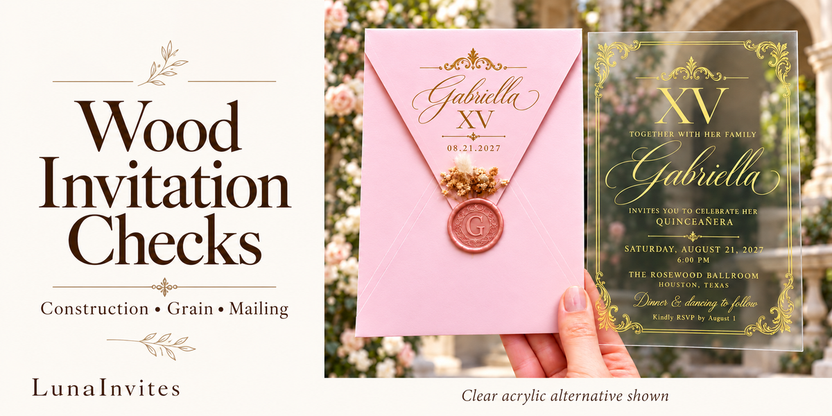 LunaInvites wood invitation buying guide beside its real pink envelope and clear acrylic Quinceañera card, labeled a clear acrylic alternative; AI-assisted layout.