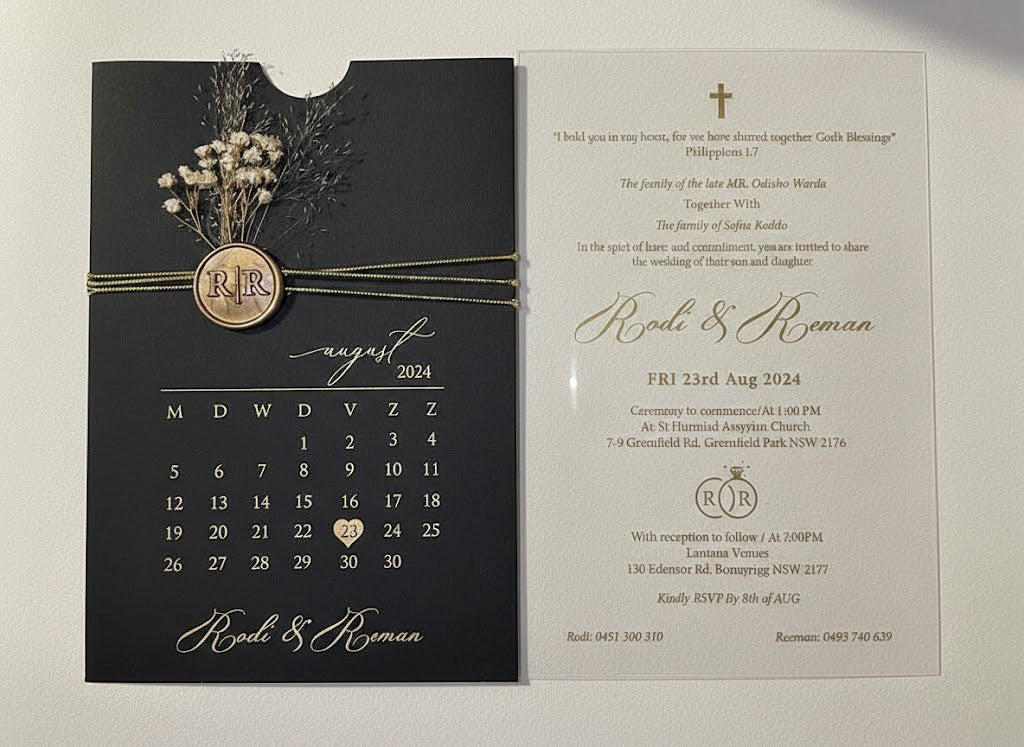 Clear Acrylic Wedding Invitation with Gold Foil & Dried Flower - Black Envelope Calendar LunaInvites