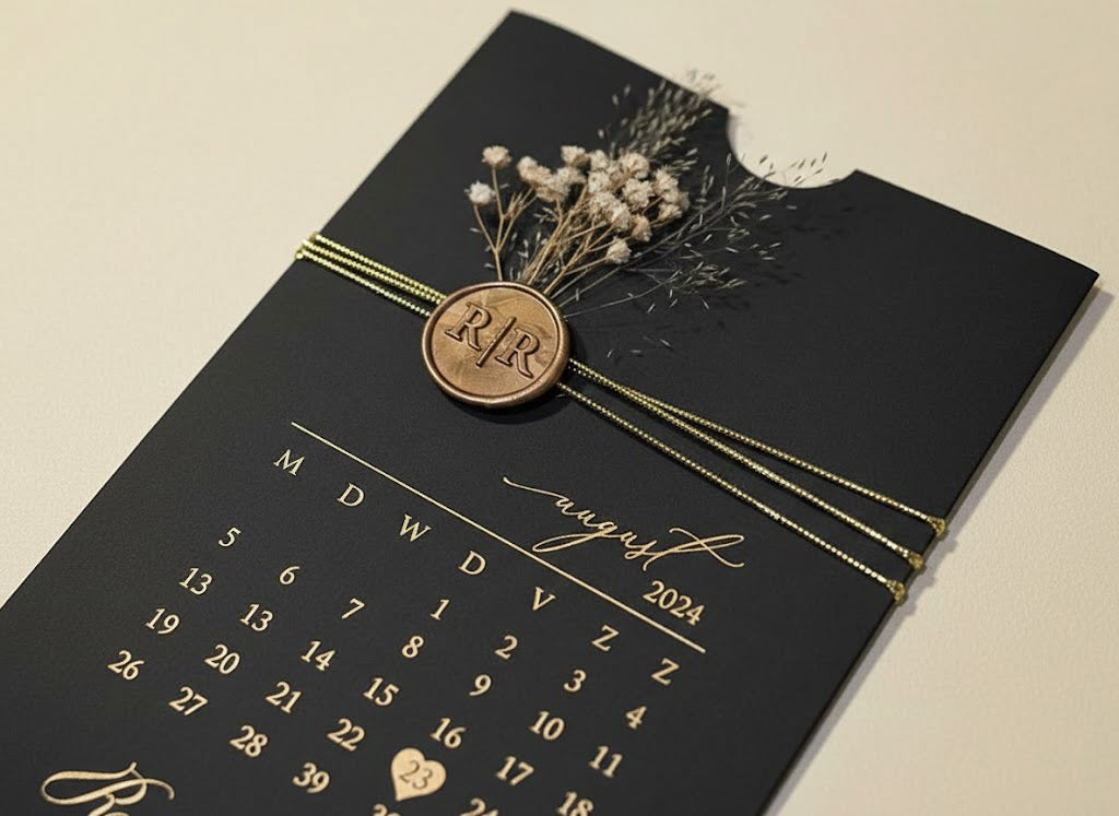 Clear Acrylic Wedding Invitation with Gold Foil & Dried Flower - Black Envelope Calendar LunaInvites