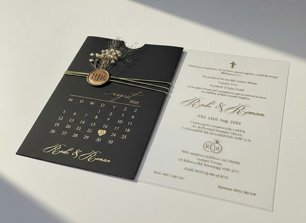 Clear Acrylic Wedding Invitation with Gold Foil & Dried Flower - Black Envelope Calendar LunaInvites