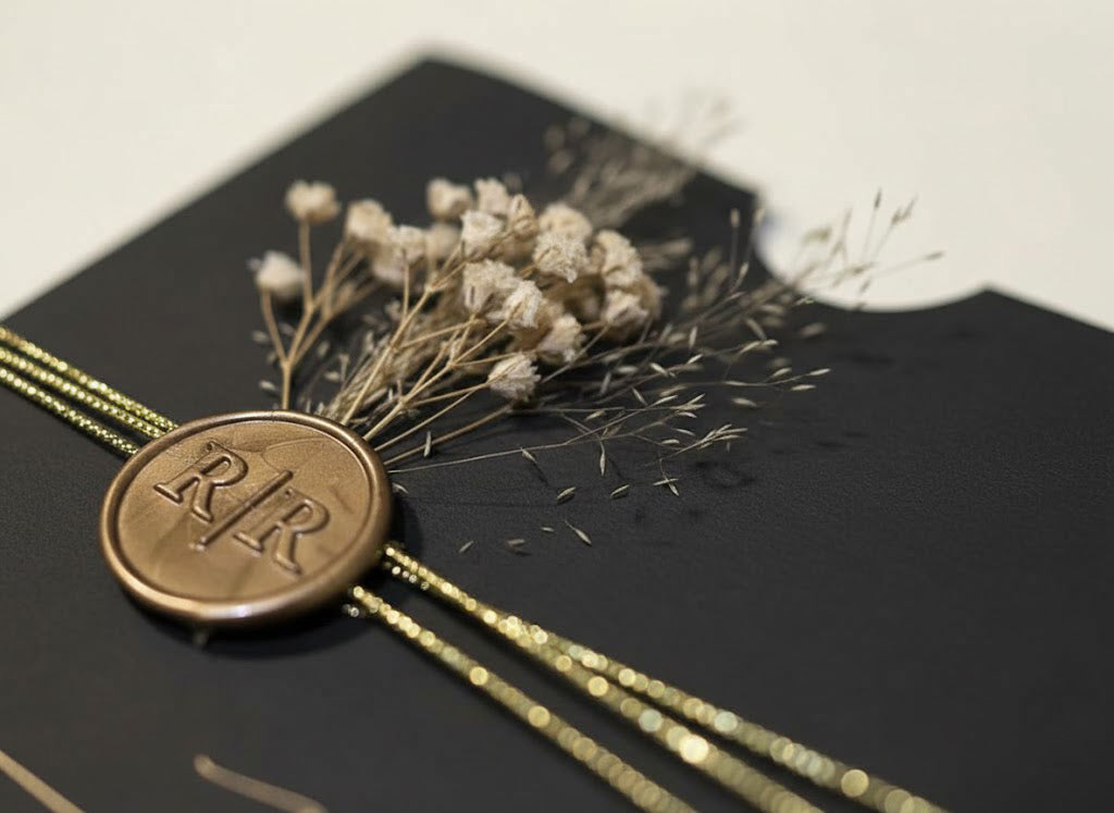 Clear Acrylic Wedding Invitation with Gold Foil & Dried Flower - Black Envelope Calendar LunaInvites