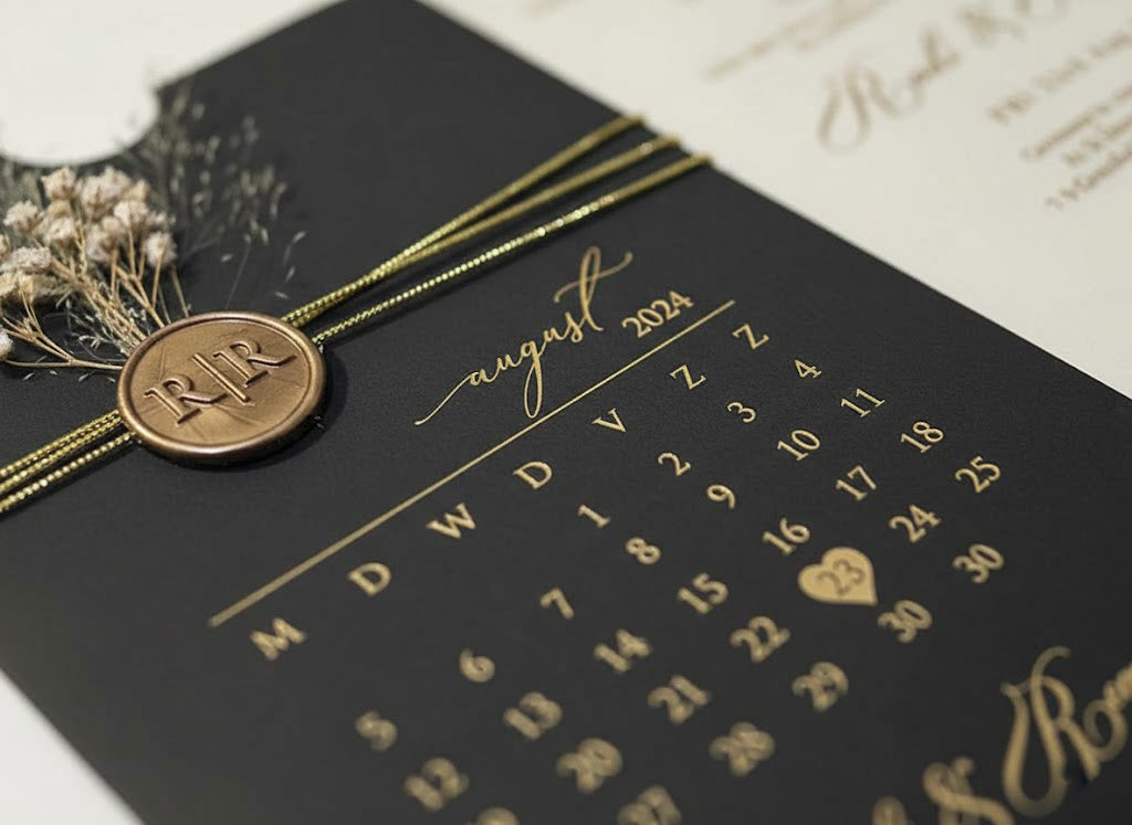 Clear Acrylic Wedding Invitation with Gold Foil & Dried Flower - Black Envelope Calendar LunaInvites