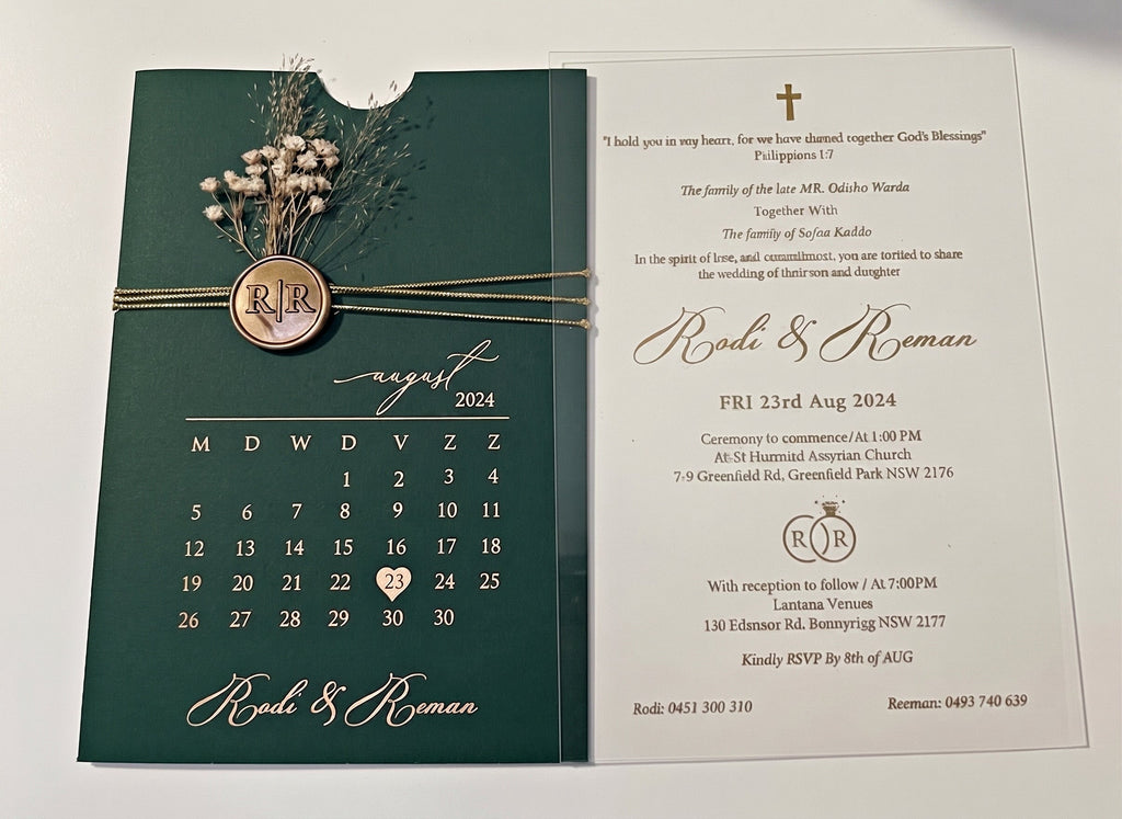 Green Acrylic Wedding Invitation, Gold Foil Clear Card, Calendar Wedding Invite LunaInvites