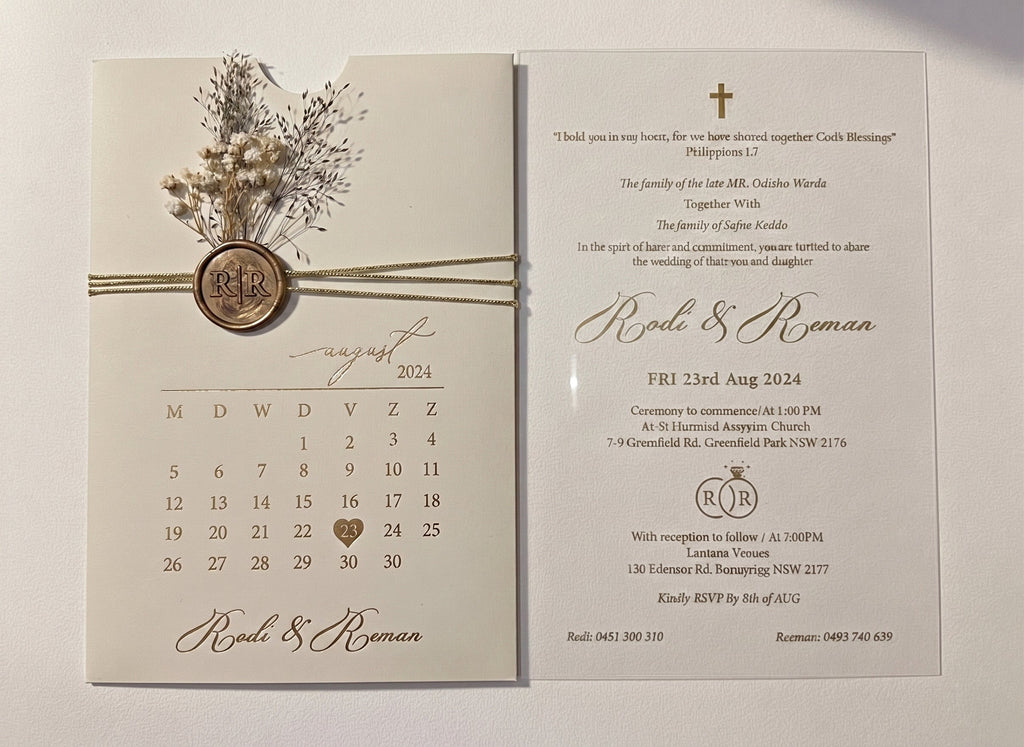 White Acrylic Wedding Invitation, Gold Foil Clear Card, Calendar Wedding Invite LunaInvites