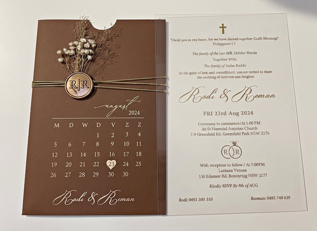 Brown Acrylic Wedding Invitation, Gold Foil Clear Card, Calendar Wedding Invite LunaInvites