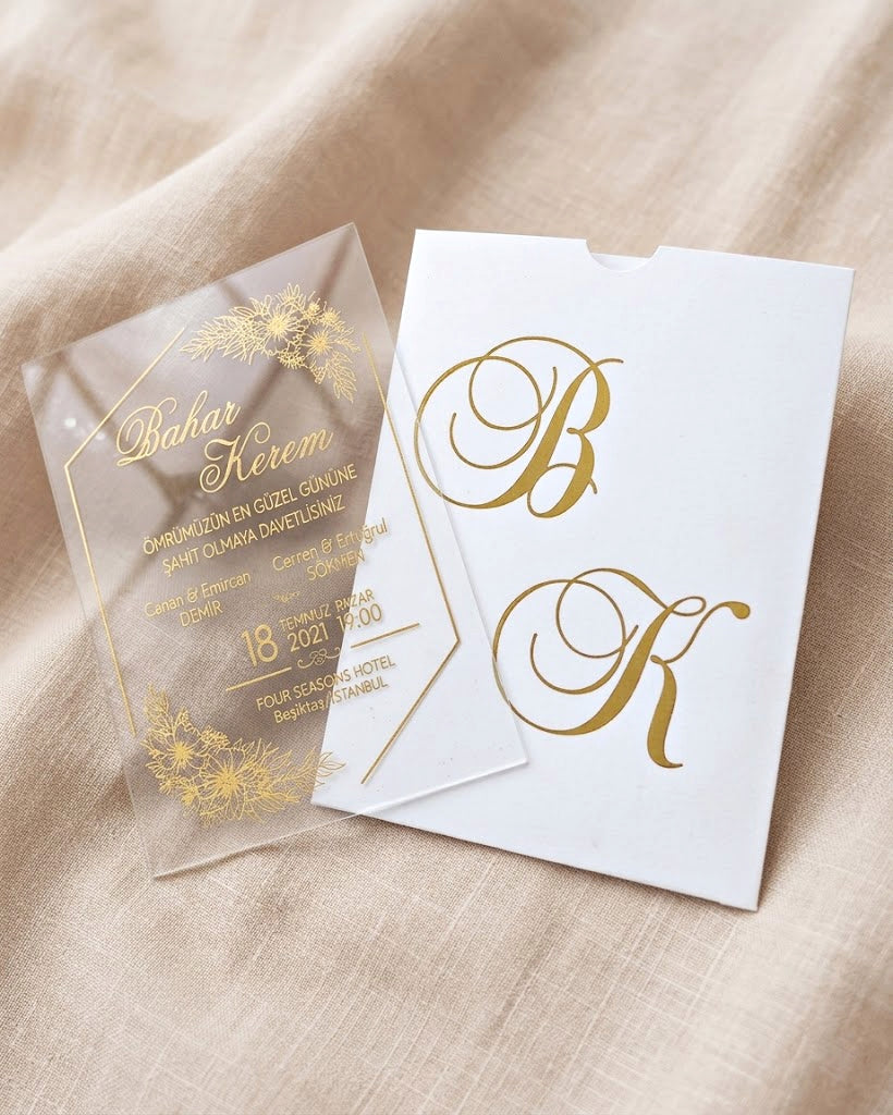 Clear Acrylic Wedding Invitation, Gold Foil Floral Design, Monogram Envelope LunaInvites
