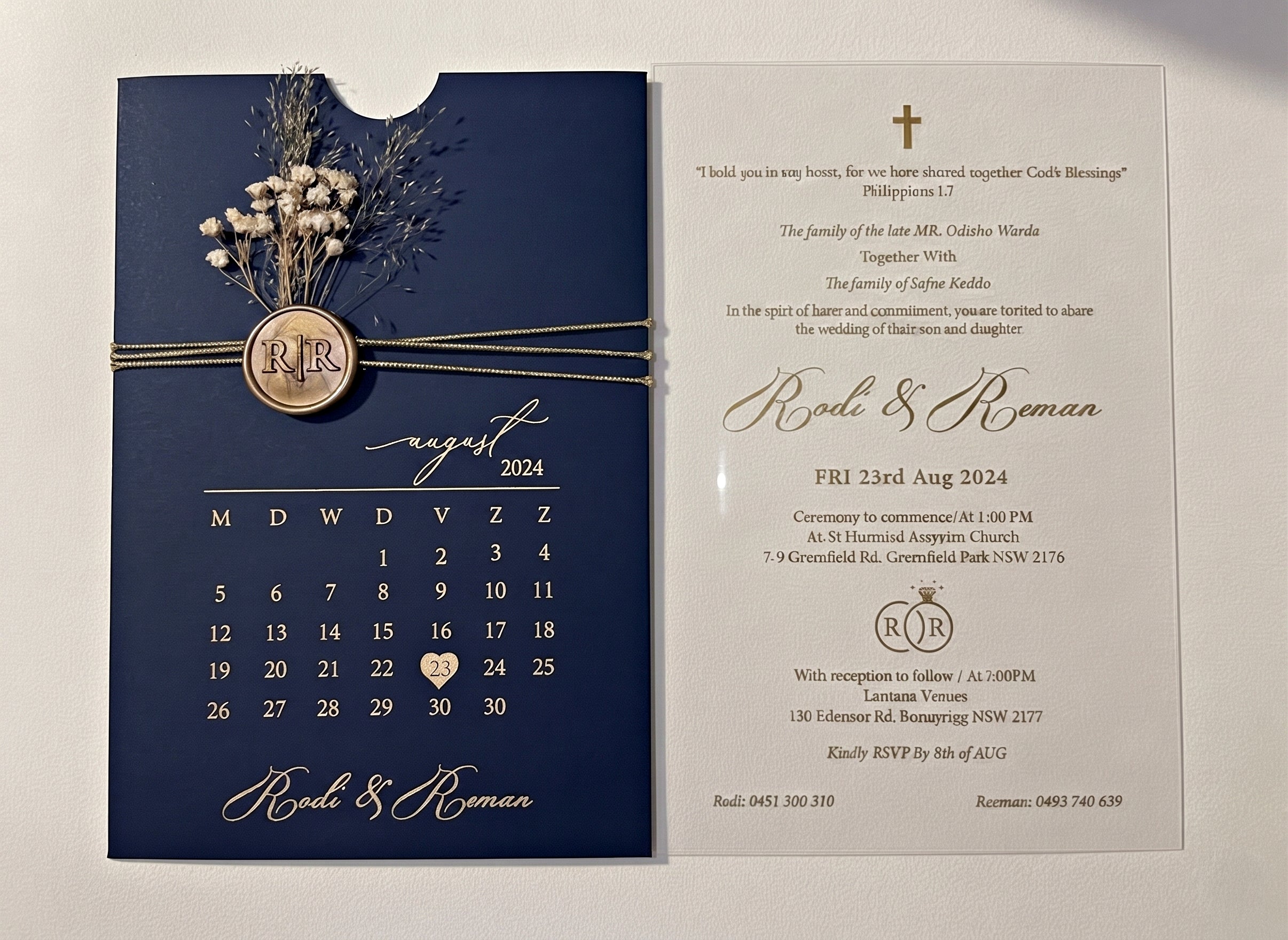 Navy Blue Acrylic Wedding Invitation, Gold Foil Clear Card, Calendar Wedding Invite LunaInvites