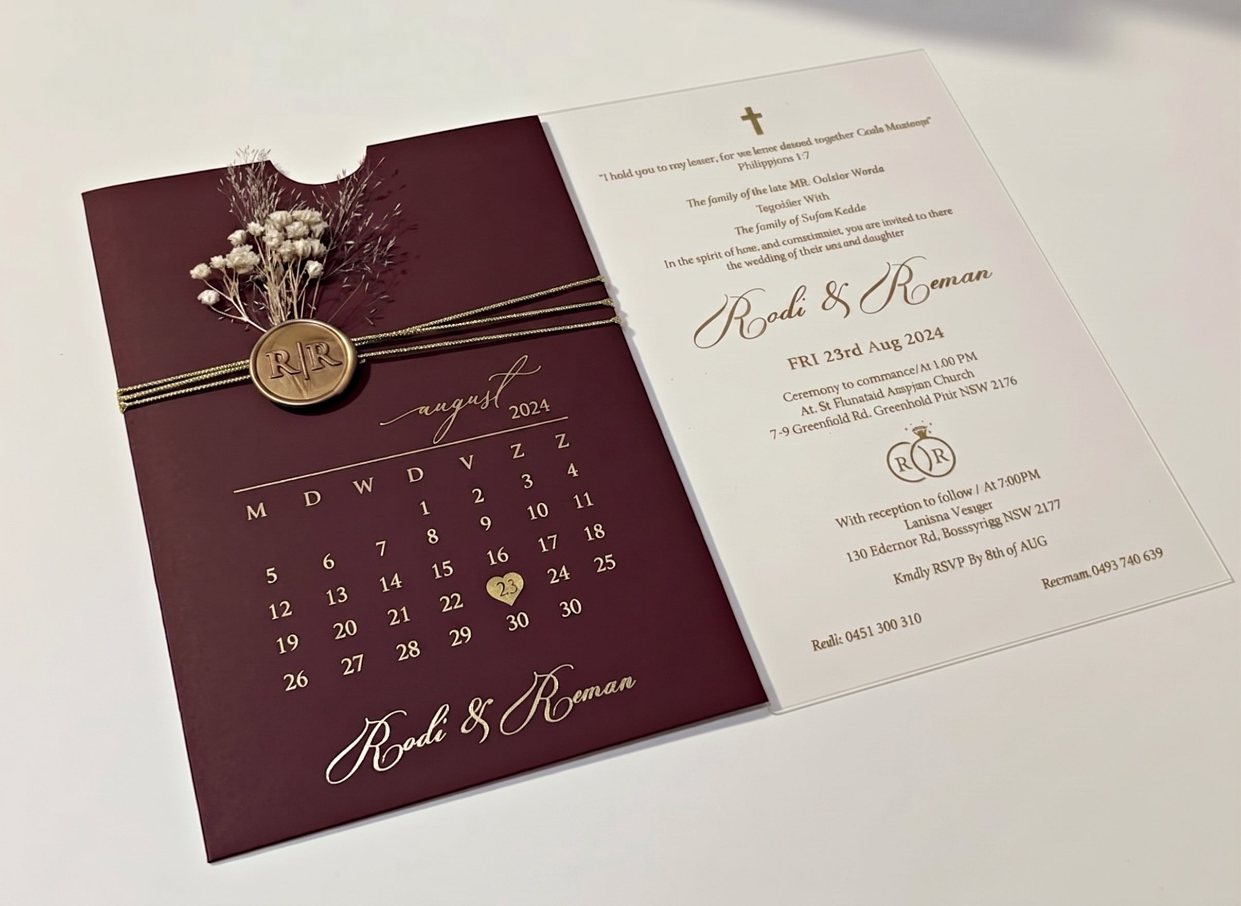 Burgundy Acrylic Wedding Invitation, Gold Foil Clear Card, Calendar Wedding Invite LunaInvites