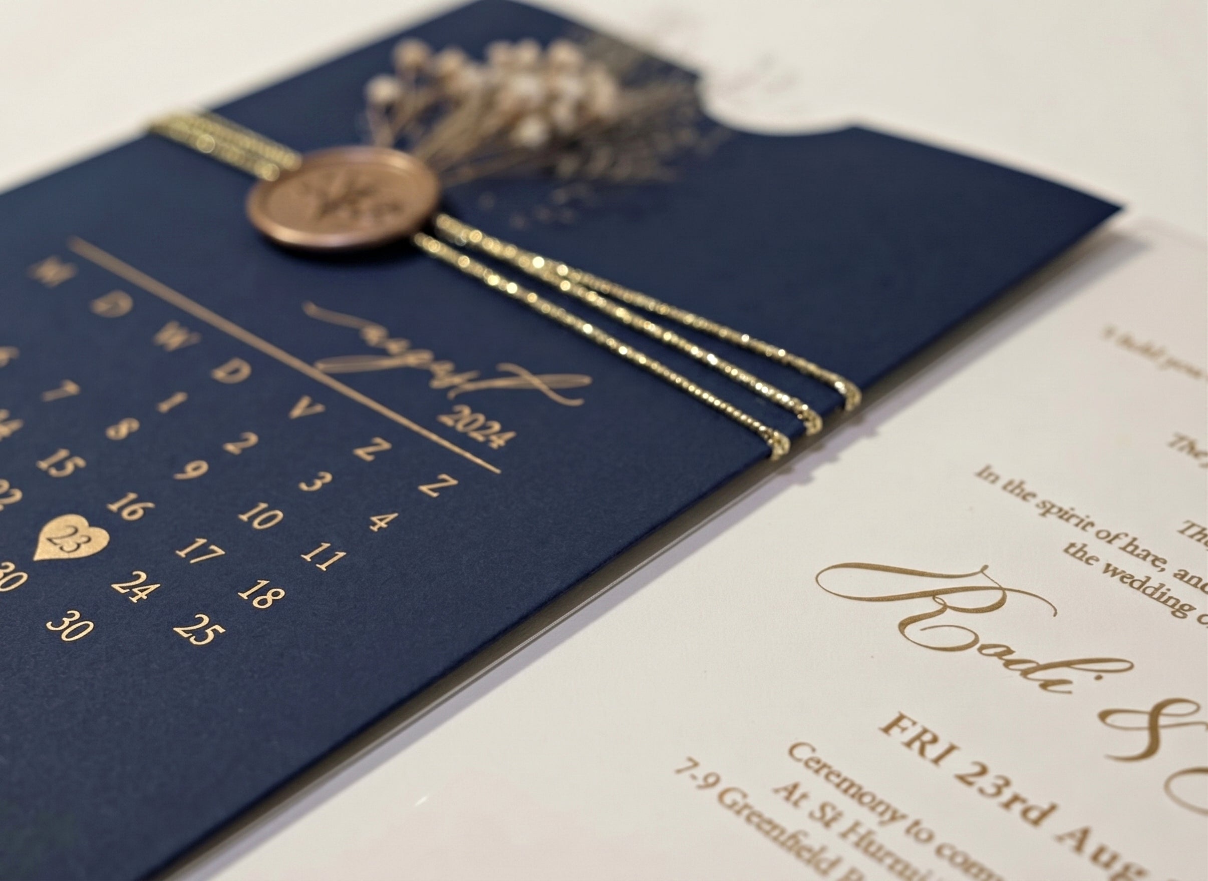 Navy Blue Acrylic Wedding Invitation, Gold Foil Clear Card, Calendar Wedding Invite LunaInvites