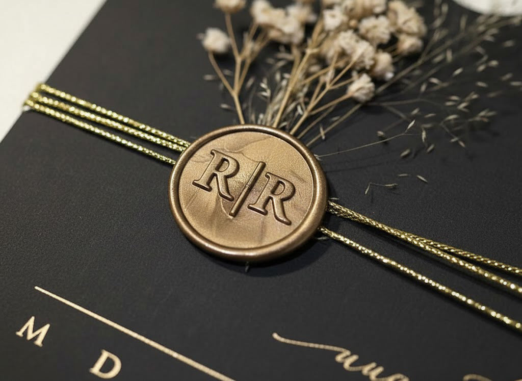 Clear Acrylic Wedding Invitation with Gold Foil & Dried Flower - Black Envelope Calendar LunaInvites