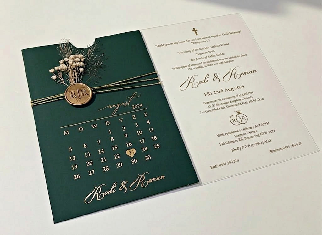 Green Acrylic Wedding Invitation, Gold Foil Clear Card, Calendar Wedding Invite LunaInvites