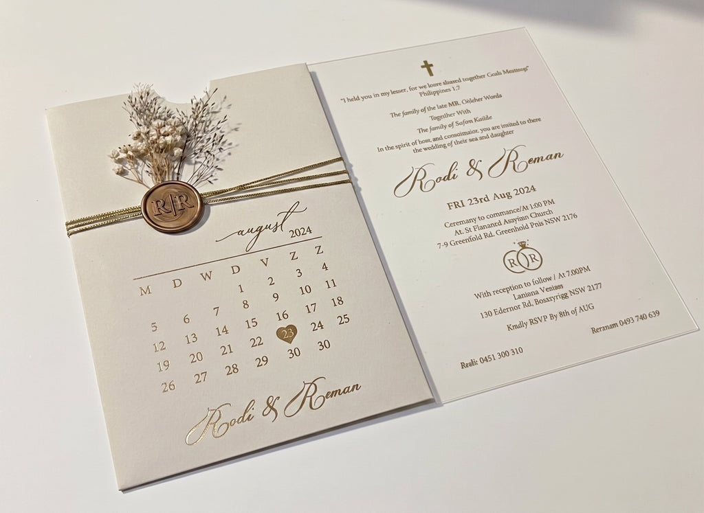 White Acrylic Wedding Invitation, Gold Foil Clear Card, Calendar Wedding Invite LunaInvites