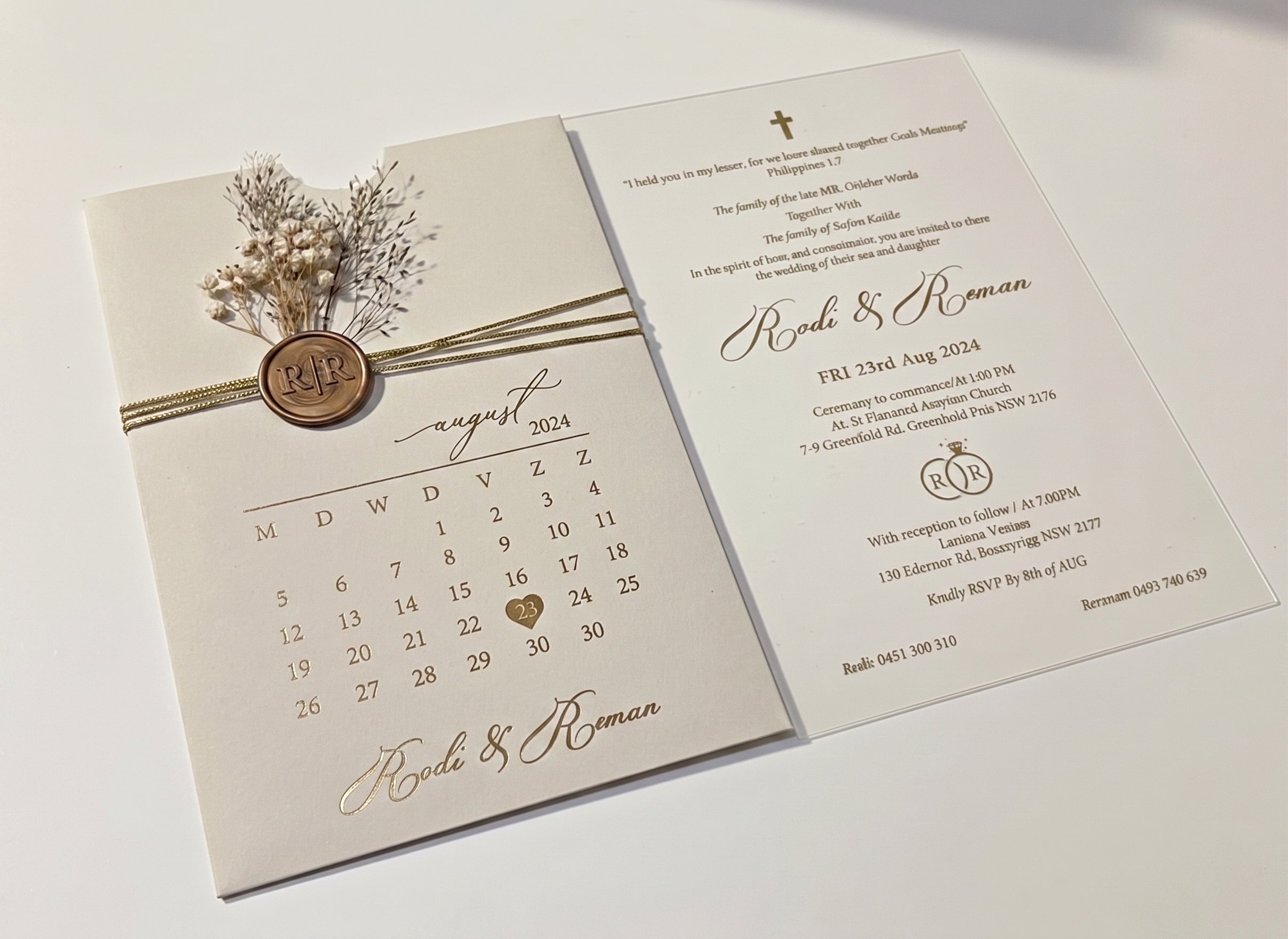 White Acrylic Wedding Invitation, Gold Foil Clear Card, Calendar Wedding Invite LunaInvites