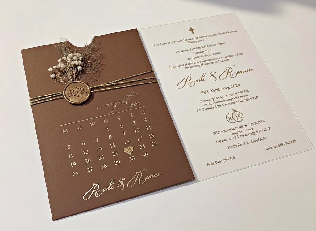 Brown Acrylic Wedding Invitation, Gold Foil Clear Card, Calendar Wedding Invite LunaInvites