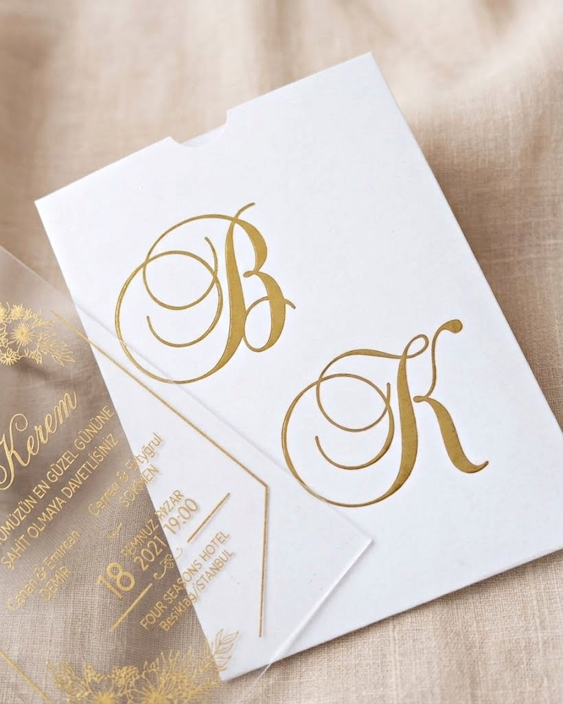 Clear Acrylic Wedding Invitation, Gold Foil Floral Design, Monogram Envelope LunaInvites
