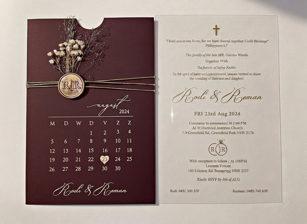 Burgundy Acrylic Wedding Invitation, Gold Foil Clear Card, Calendar Wedding Invite LunaInvites