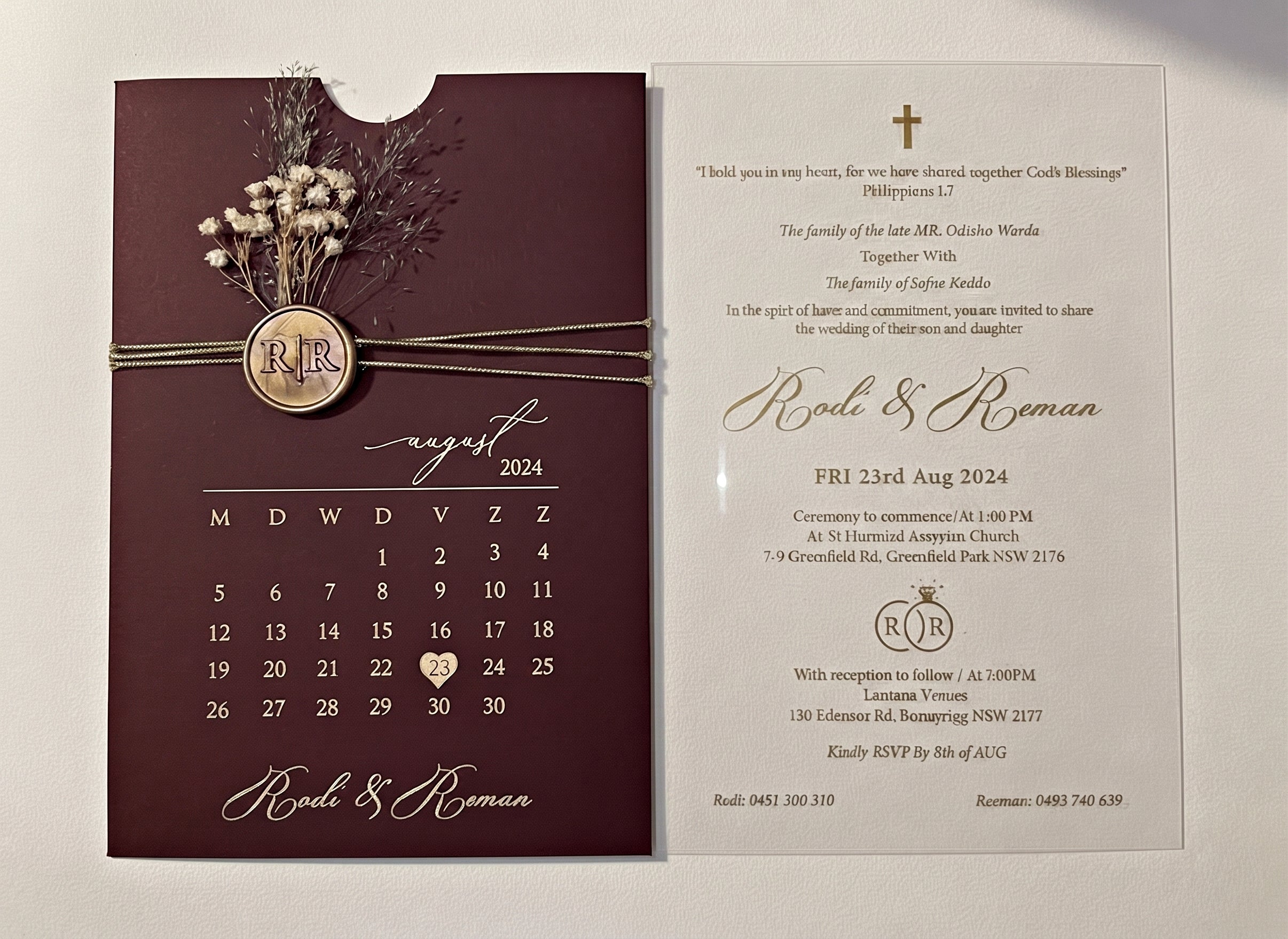 Burgundy Acrylic Wedding Invitation, Gold Foil Clear Card, Calendar Wedding Invite LunaInvites