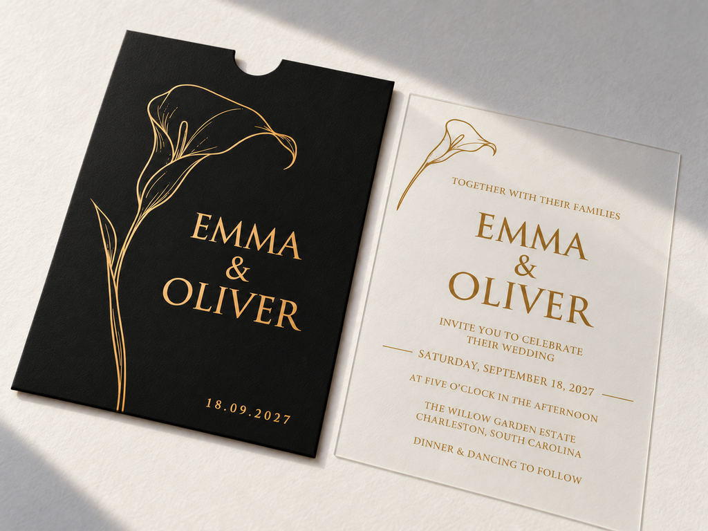 Angled close view of the black Calla Lily sleeve beside the matching clear invitation card.