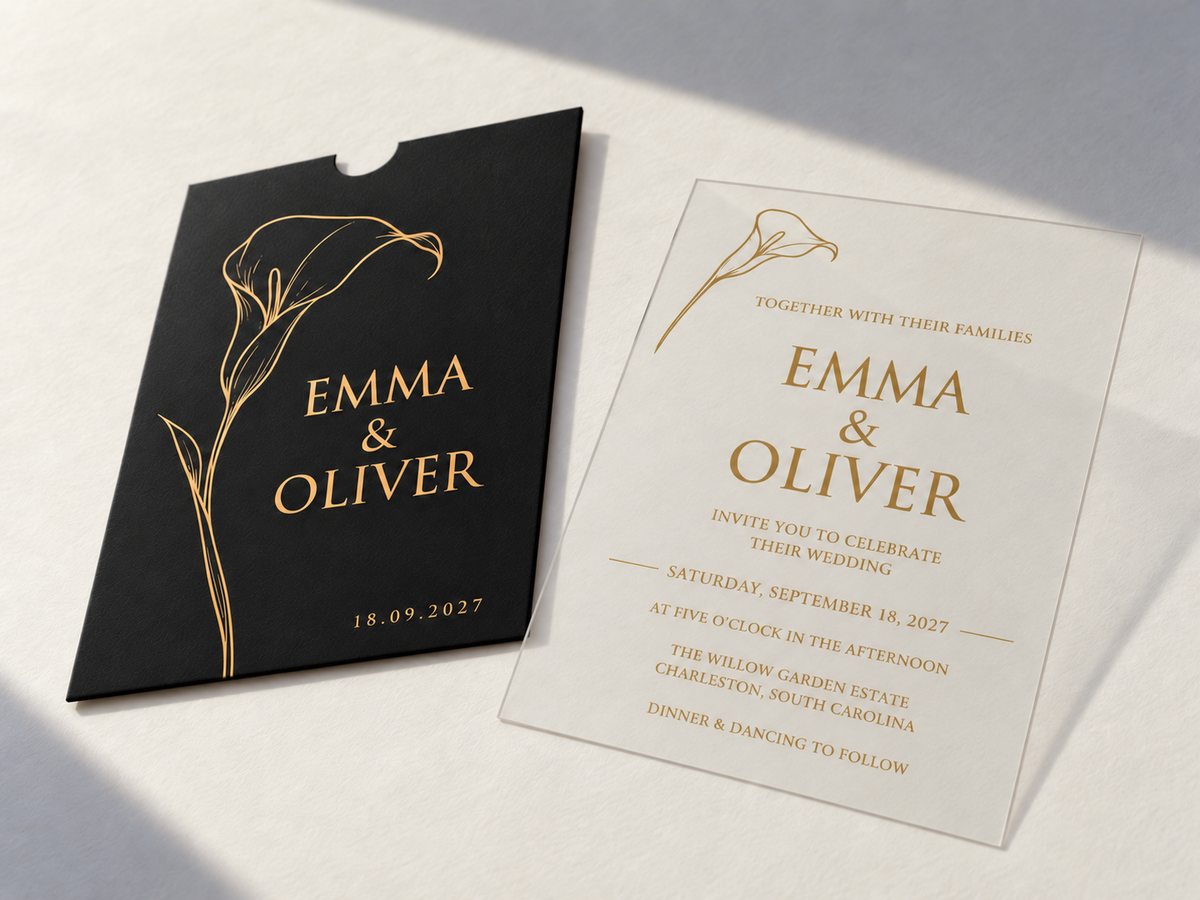 Angled view of the black Calla Lily pocket sleeve beside its clear invitation card with gold lettering.