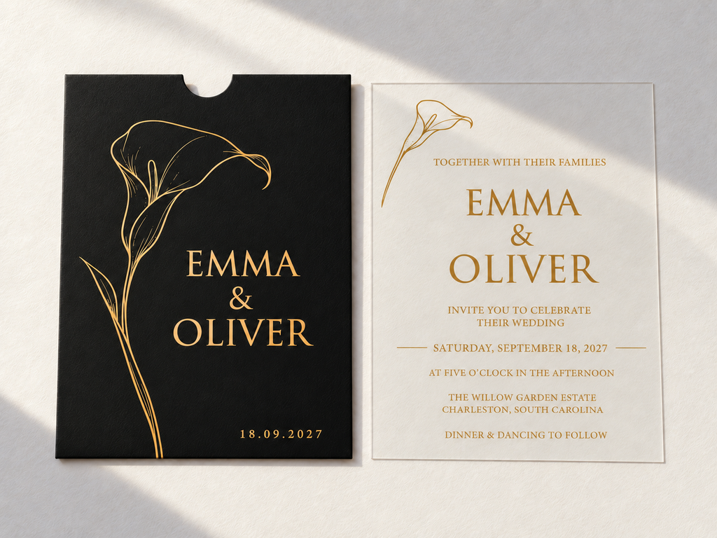 Front-facing view of the black Calla Lily pocket sleeve and matching clear invitation card.