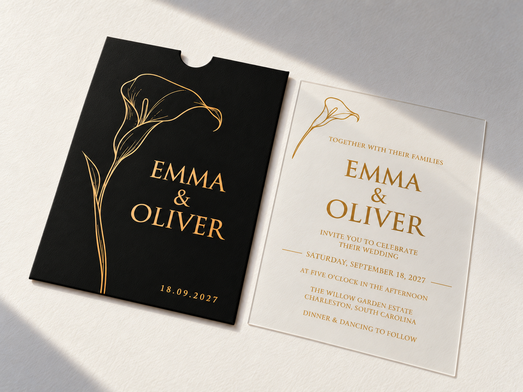 Black Calla Lily pocket sleeve and matching clear invitation card with gold flower artwork and lettering.