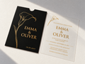 Black Calla Lily pocket sleeve and matching clear invitation card with gold flower artwork and lettering.
