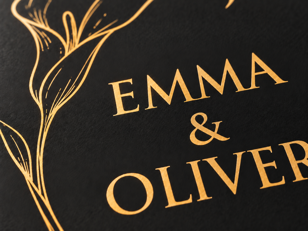 Close-up of gold calla lily artwork and Emma and Oliver lettering on the black invitation sleeve.