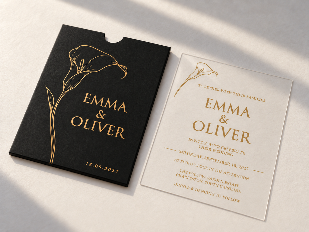Top-down angled view of the black Calla Lily sleeve and clear invitation card with gold lettering.