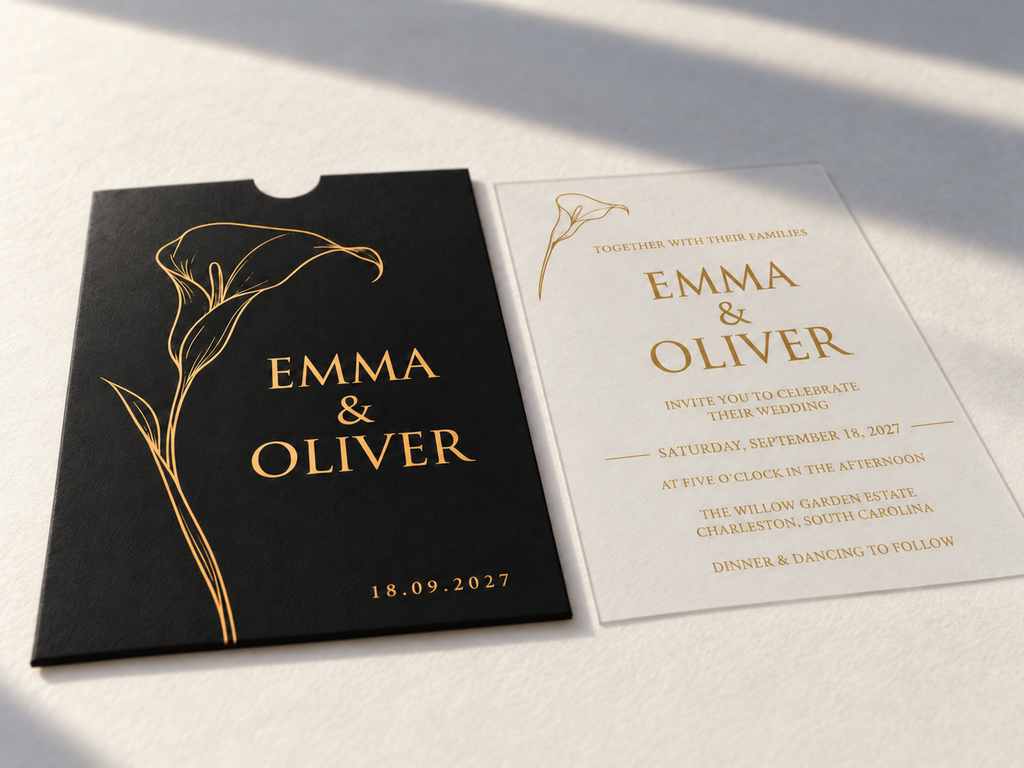 Wide angled view of the black Calla Lily sleeve and clear invitation card on a light surface.
