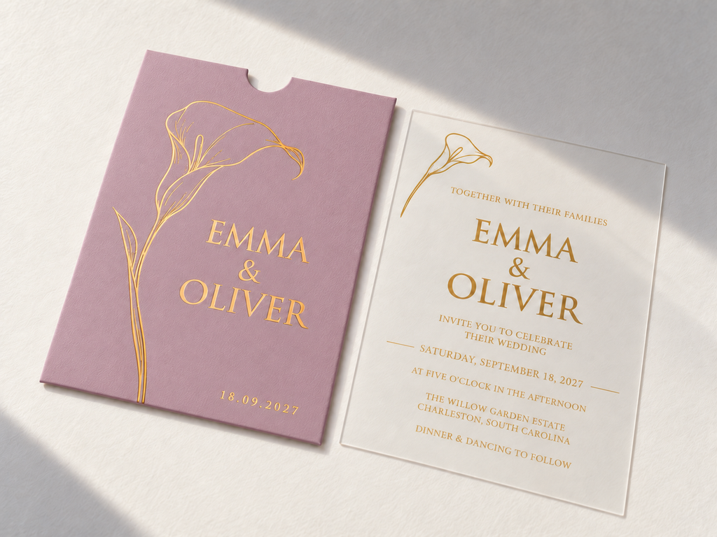 Calla Lily invitation with a blush pink pocket sleeve, gold flower artwork, and matching clear card.