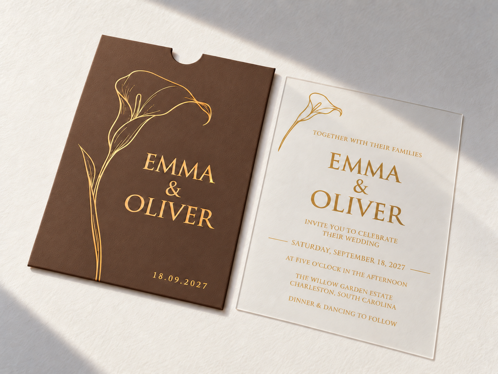 Calla Lily invitation with a brown pocket sleeve, gold flower artwork, and matching clear card.